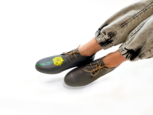 handpainted Italian comfortable  charcoal chukka boots with yellow flower design