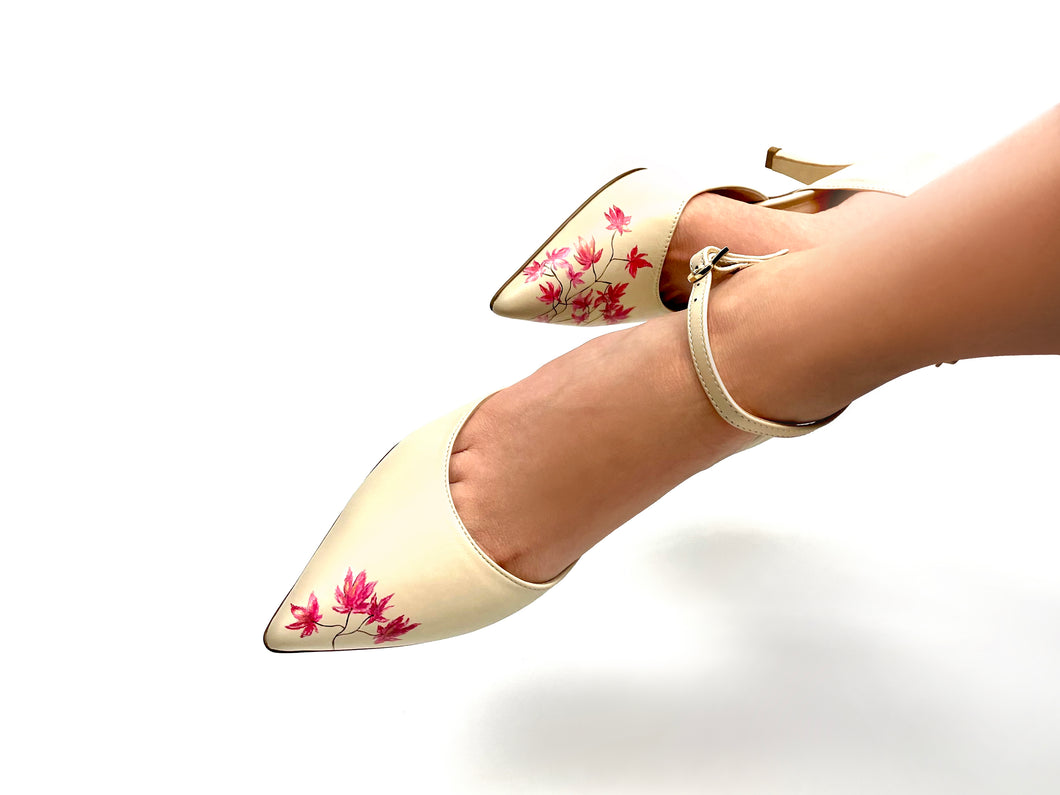 handpainted Italian comfortable beige pumps heels with leaf design
