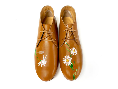 handpainted Italian comfortable cognac chukka boots with flower design