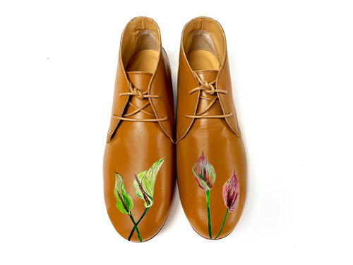 handpainted Italian comfortable cognac chukka boots with flower design