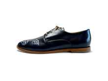 Load image into Gallery viewer, handpainted Italian comfortable oxford navy blue shoes with black and white flower design
