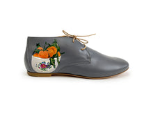 Load image into Gallery viewer, handpainted Italian comfortable charcoal chukka boots with orange design
