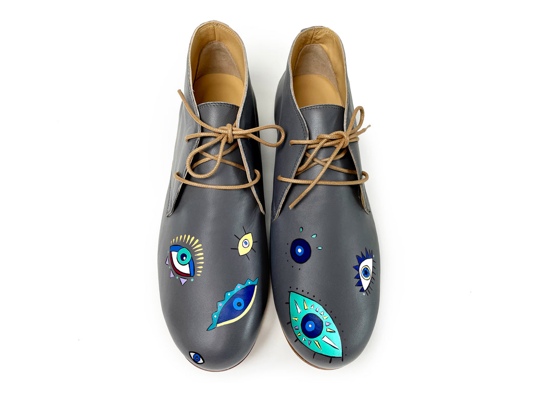 handpainted Italian comfortable charcoal chukka boots with eye design