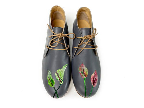 handpainted Italian comfortable charcoal chukka boots with flower design