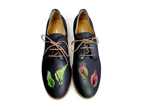 handpainted Italian comfortable oxford navy blue shoes with flower design