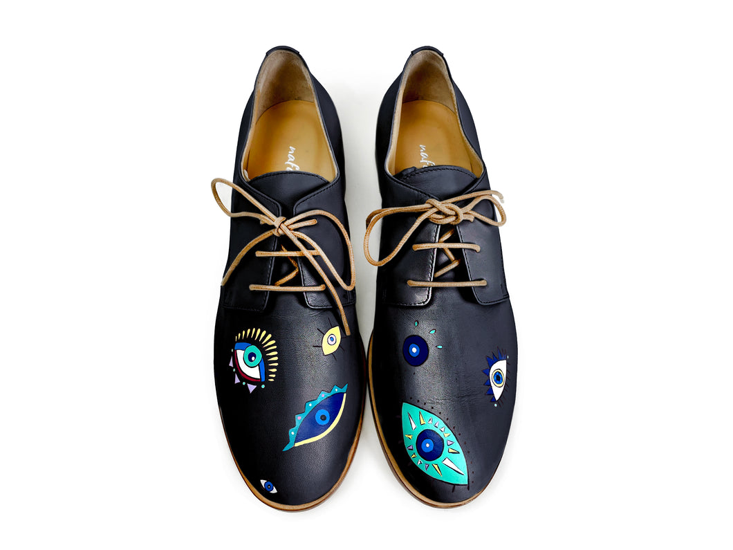handpainted Italian comfortable oxford navy blue shoes with eye design