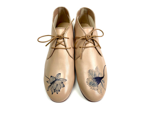 handpainted Italian comfortable beige chukka boots with flower design