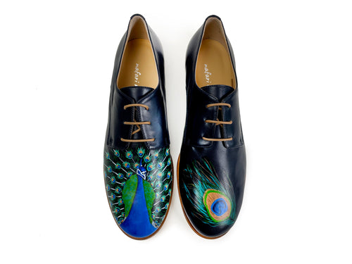 handpainted Italian comfortable oxford navy blue shoes with peacock design