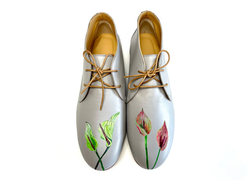 handpainted Italian comfortable gray chukka boots with flower design