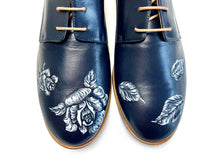 Load image into Gallery viewer, handpainted Italian comfortable oxford navy blue shoes with black and white flower design
