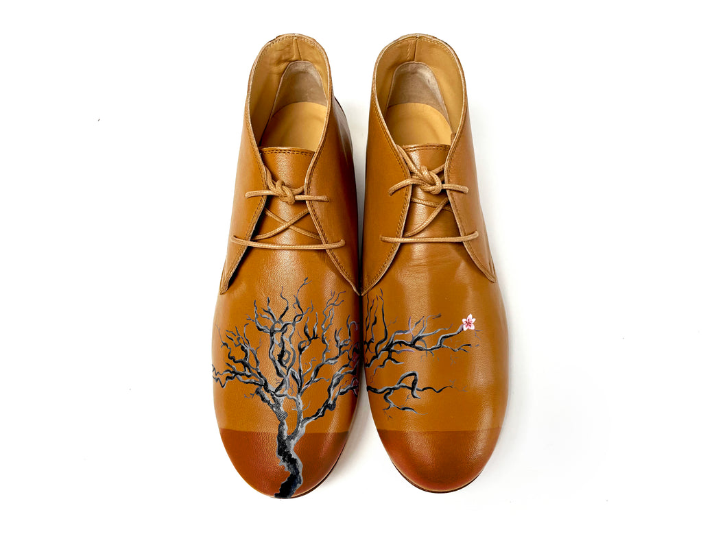 handpainted Italian comfortable cognac chukka boots with tree design