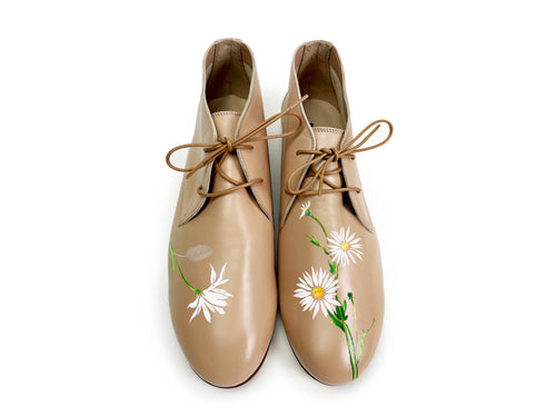 handpainted Italian comfortable beige chukka boots with flower design