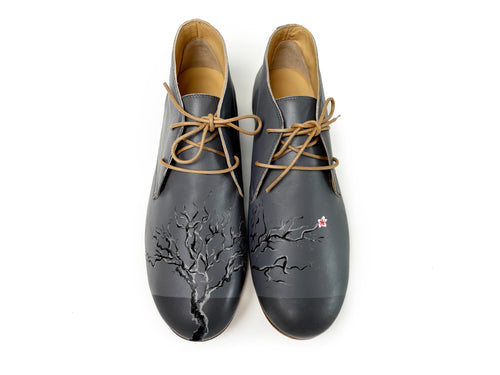 handpainted Italian comfortable charcoal chukka boots with tree design