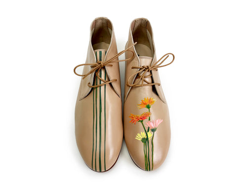 handpainted Italian comfortable beige chukka boots shoes with flower design
