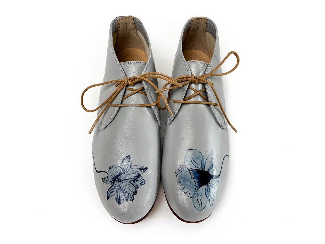 handpainted Italian comfortable gray chukka boots with flower design
