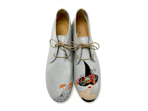handpainted Italian comfortable gray chukka boots with witch design