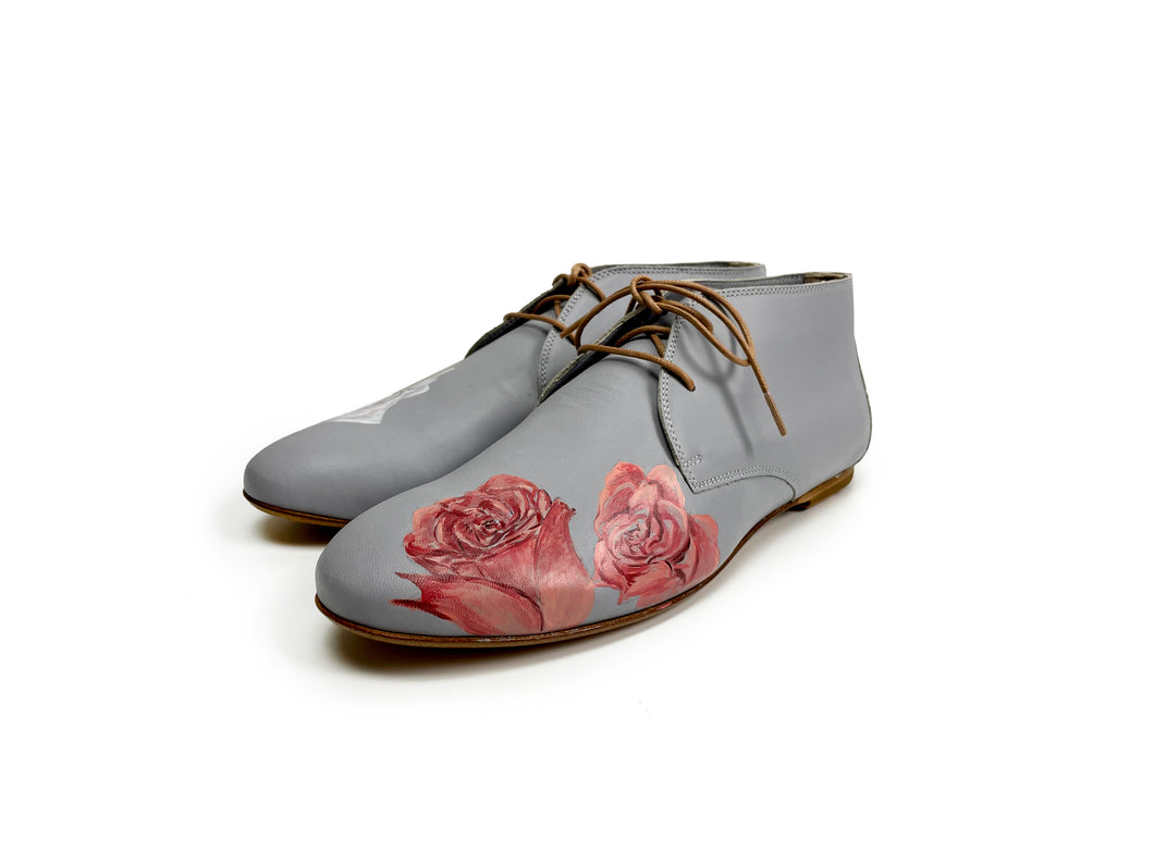 handpainted Italian comfortable gray chukka boots with rose design