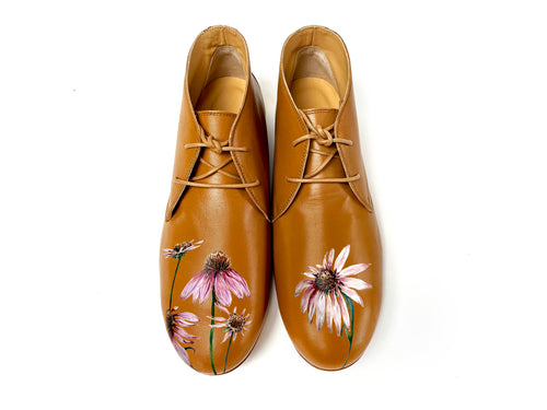 handpainted Italian comfortable cognac chukka boots with digital flower design