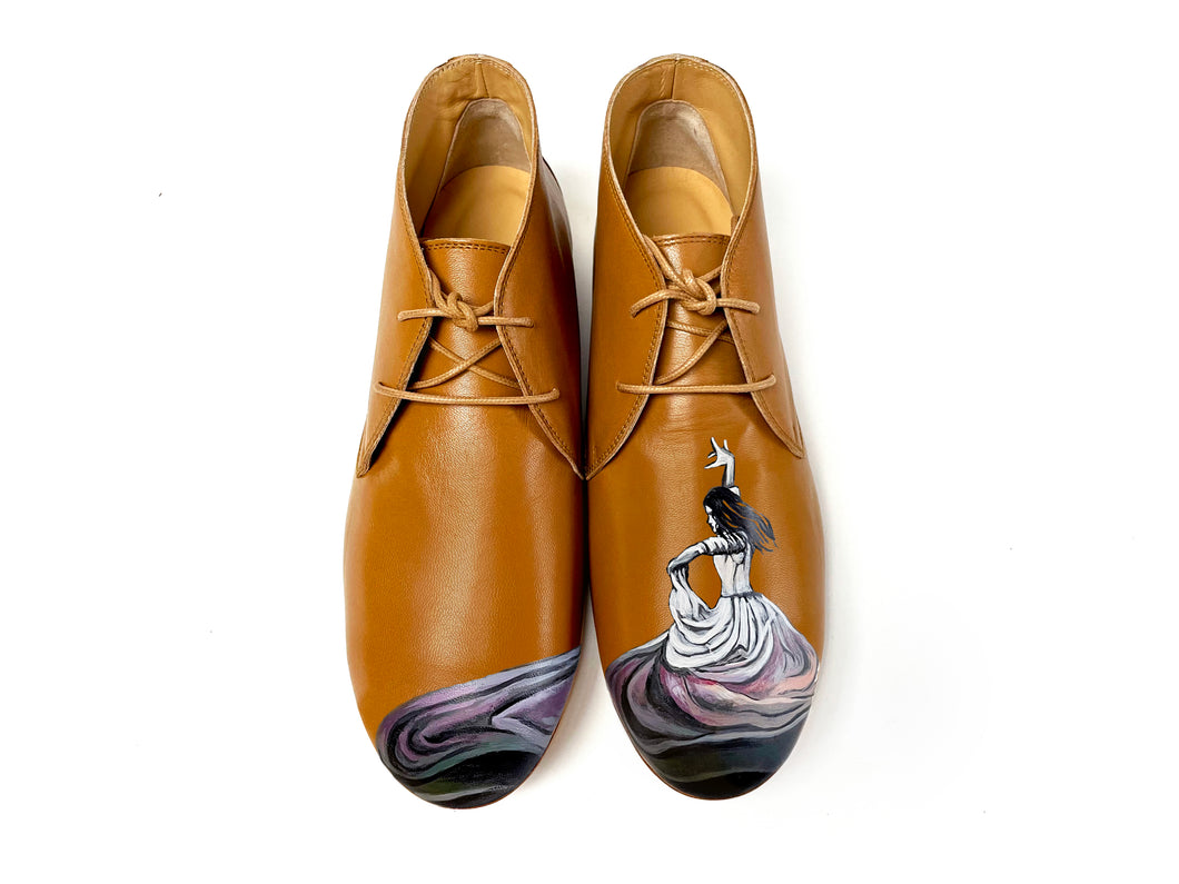 handpainted Italian comfortable  cognac chukka boots with dance design