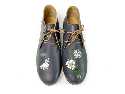 handpainted Italian comfortable charcoal chukka boots with flower design