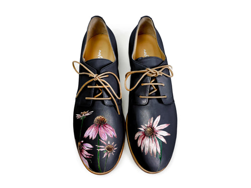 handpainted Italian comfortable oxford navy blue shoes with digital flower design