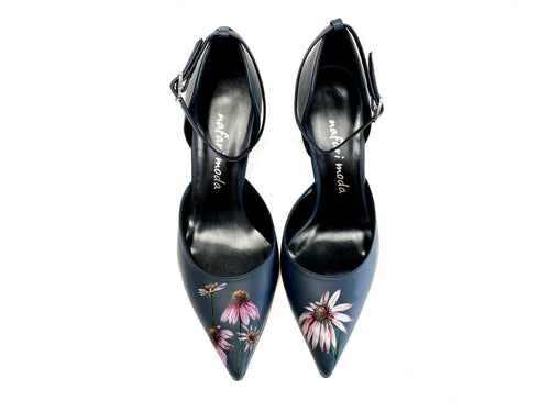 handpainted Italian comfortable navy blue pumps heels with digital flower design