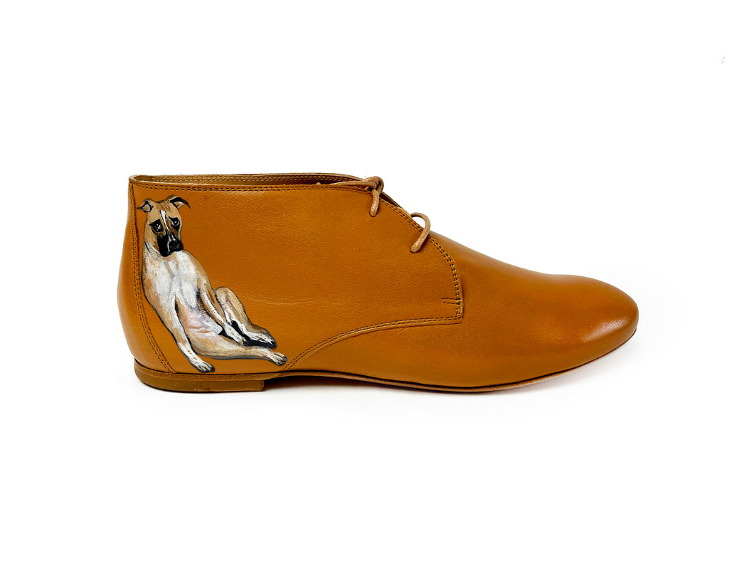 handpainted Italian comfortable cognac chukka boots with dog design