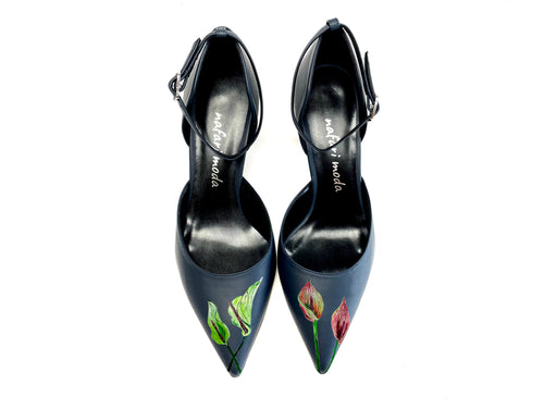 handpainted Italian comfortable navy blue heels pumps with flower design