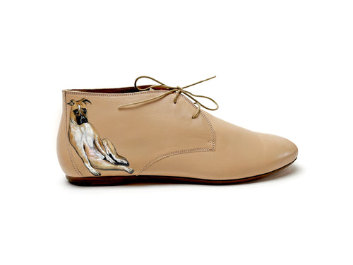 handpainted Italian comfortable beige chukka boots with dog design