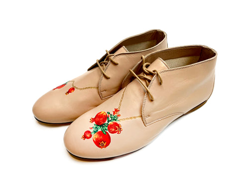 handpainted Italian comfortable beige chukka boots with pomegranate design