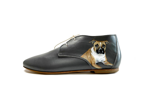 handpainted Italian comfortable charcoal chukka boots with dog design