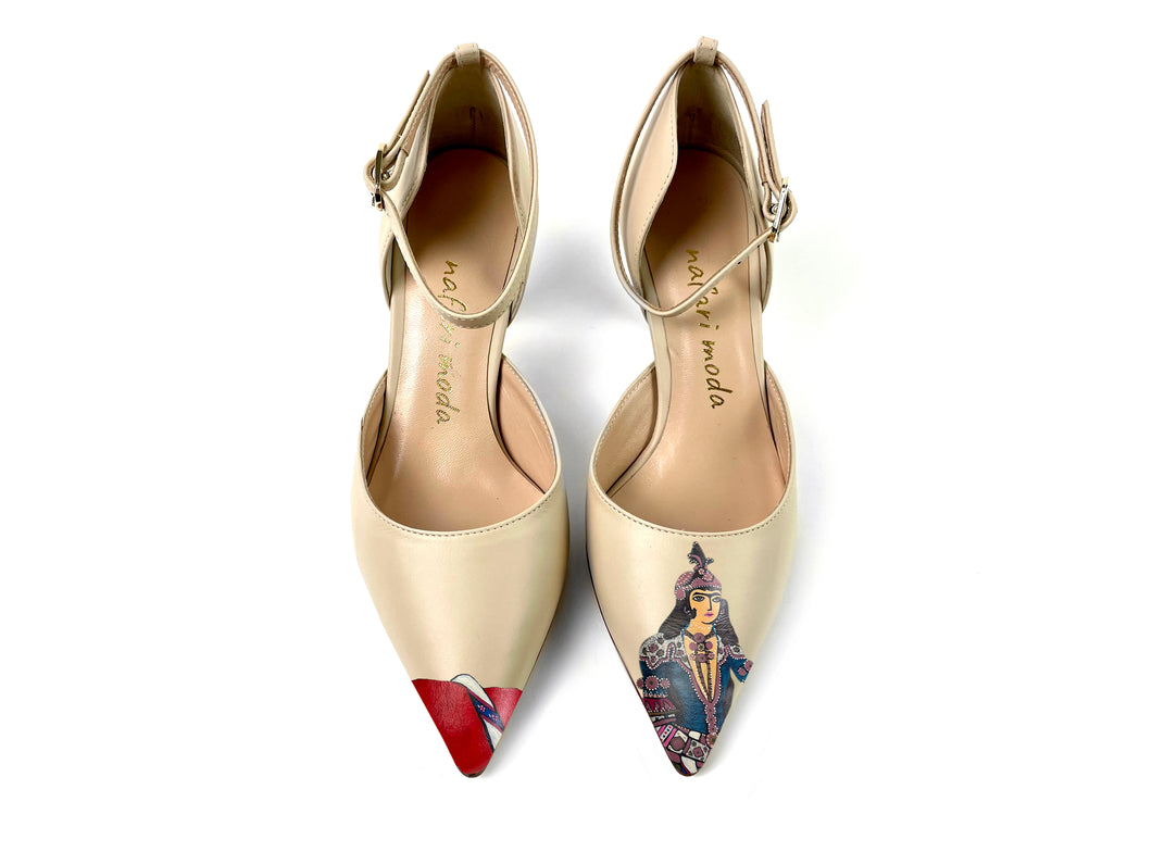 handpainted Italian comfortable heels pumps beige with queen design