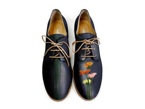 handpainted Italian navy blue oxford shoes with flower design
