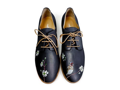 handpainted Italian comfortable oxford navy blue shoes with bird design