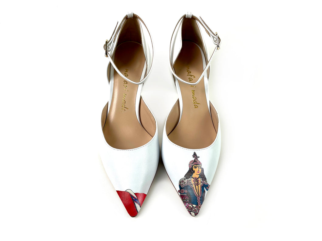 handpainted Italian comfortable heels pumps white with queen design