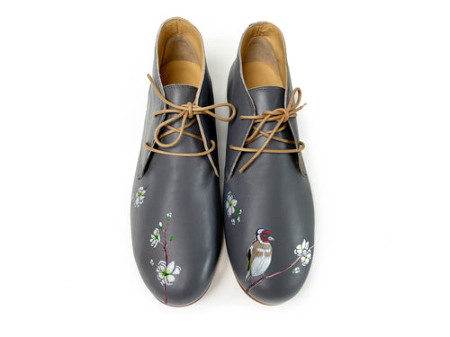 handpainted Italian comfortable  charcoal chukka boots with bird design