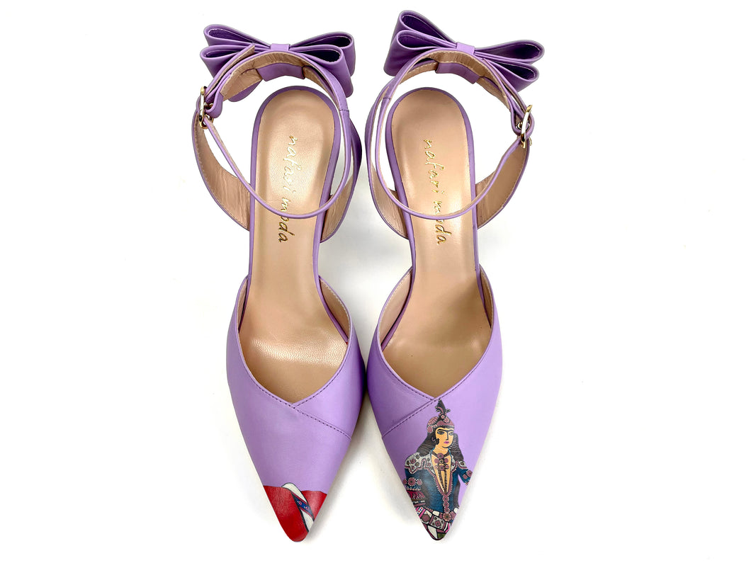 handpainted Italian comfortable heels pumps lilac with queen design