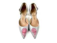 Load image into Gallery viewer, Elegant silver high heels featuring a love themed artistic painting
