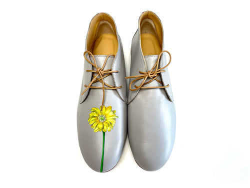 handpainted Italian comfortable  gray chukka boots with yellow flower design