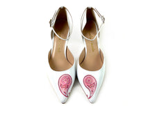 Load image into Gallery viewer, Stylish white high heels with a unique hand painted Valentine’s design perfect for a romantic touch
