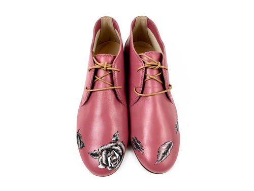 handpainted Italian comfortable mauve chukka boots with black and white flower design