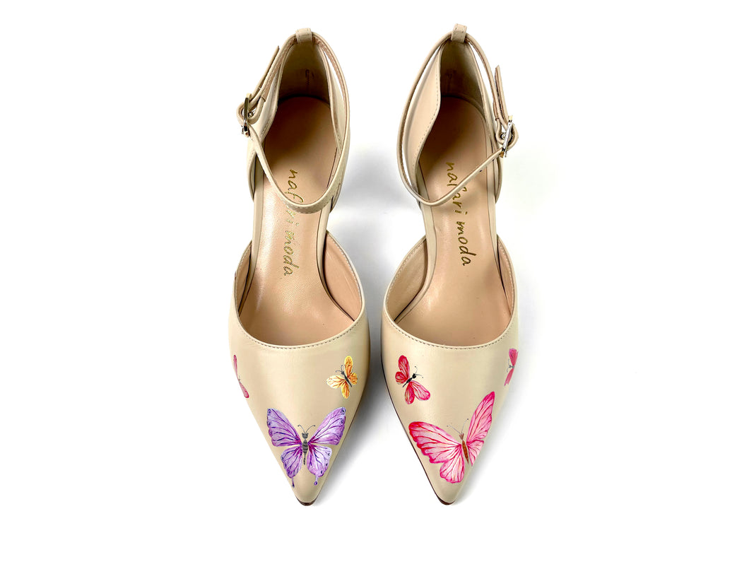 handpainted Italian comfortable beige pumps heels with butterfly design