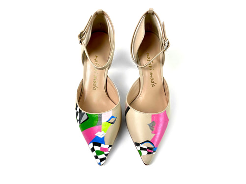 handpainted Italian comfortable beige heels pumps with lips design