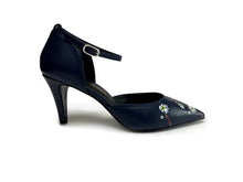 Load image into Gallery viewer, handpainted Italian comfortable navy blue  pumps heels with bird design
