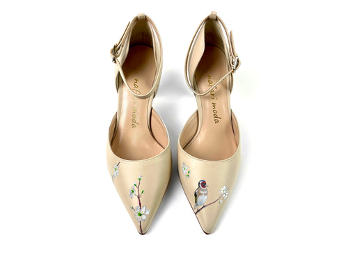 handpainted Italian comfortable beige  pumps heels with bird design