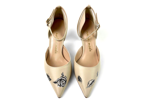 handpainted Italian comfortable beige heels pumps with black and white flower design