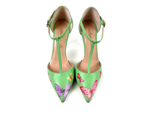 handpainted Italian comfortable pale green pumps heels with butterfly design