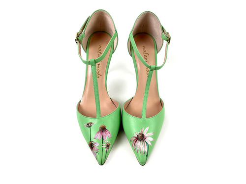 handpainted Italian comfortable pale green  pumps heels with digital flower design