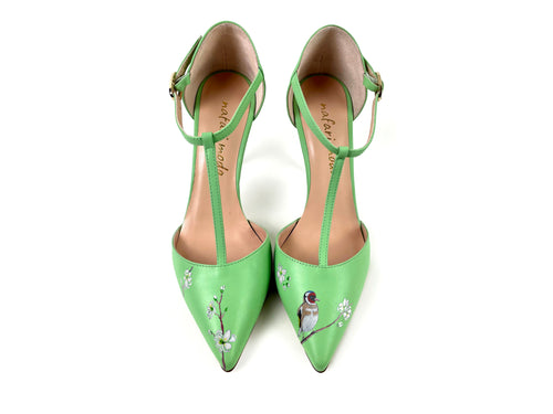 handpainted Italian comfortable pale green  pumps heels with bird design