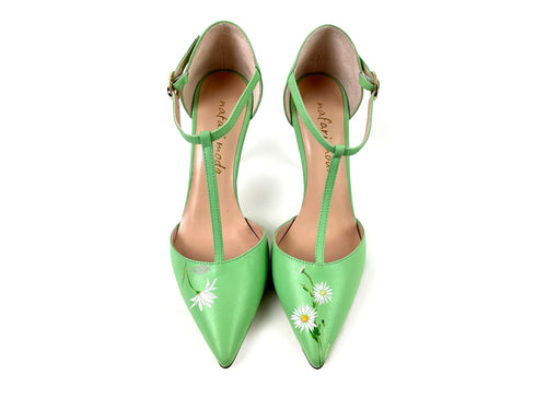 handpainted Italian comfortable pale green pumps heels with flower design